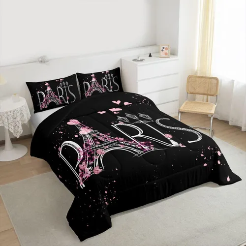 Vista 3 de Feelyou Juego de edredón de la Torre Eiffel, elegante juego de ropa de cama de París, edredón romántico para niños, niñas, niños, adolescentes
