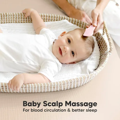 Vista 5 de Juego de cepillo y peine para cabello de bebé para recién nacidos - Juego de cepillos de madera para cabello de bebé con cerdas suaves de cabra