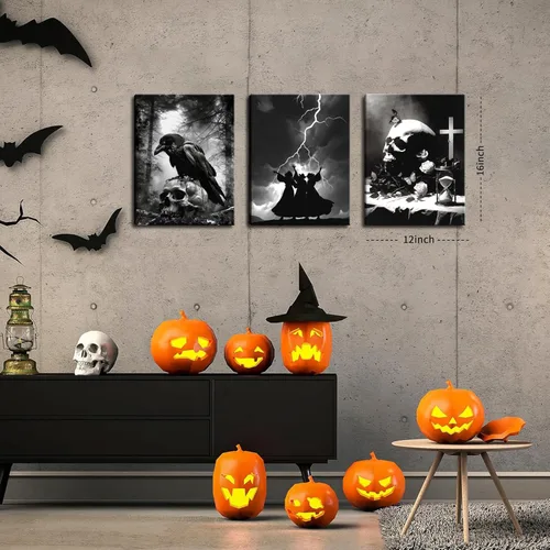 Vista 5 de Juego de 3 lienzos góticos para pared, diseño de rosas románticas de Halloween, decoración de pared, pósteres de calavera de cuervo gótico oscuro