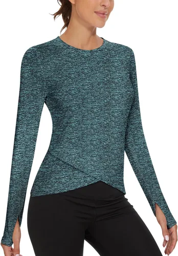 Soneven Camisetas térmicas de manga larga para mujer, camisetas de compresión para entrenamiento, dobladillo cruzado, camisas de yoga atléticas con