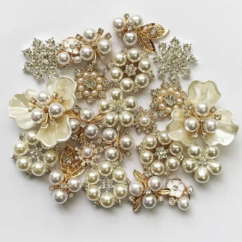 Vista 4 de 22 piezas de botones de diamantes de imitación de perlas de imitación de diamantes de imitación, broche de perlas de aleación, dijes florales