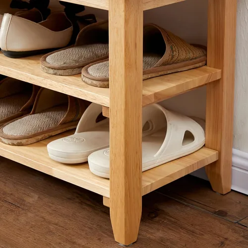 Vista 30 de Banco de zapatos con cojín de cuero, banco de entrada de madera maciza rústica con 2 estantes ajustables en altura y extraíbles para pasillo, sala
