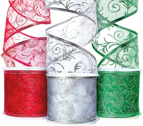 Cinta de Navidad para envolver regalos, con cable, de 1.5 pulgadas, juego de alambre de cinta de organza transparente, rojo, verde, plateado, con