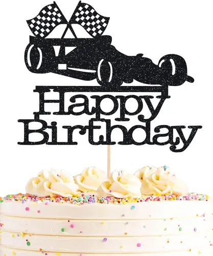 Decoración para pastel de auto de carreras, decoración de pastel de cumpleaños con purpurina negra, decoración de pastel de fiesta de feliz