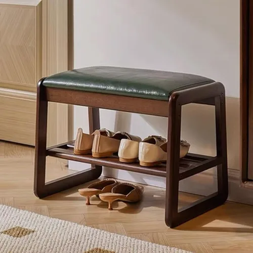 Vista 8 de Banco de zapatos de madera maciza, banco de entrada de almacenamiento de madera de 2 niveles, banco de entrada pequeño, banco de noche moderno