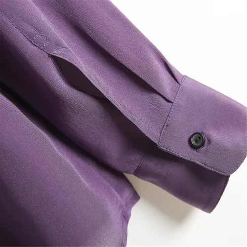 Vista 7 de Camisa de manga larga 100 seda real para mujer cuello abatible blusa morada Morado XL