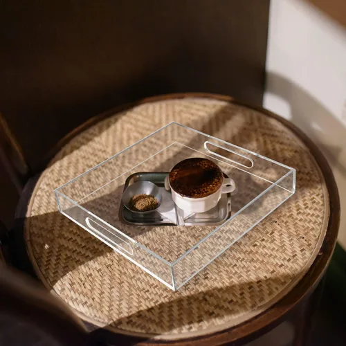 Vista 5 de Bandeja de acrílico para servir (12 x 12 x 2 pulgadas) con asas, a prueba de derrames, bandeja decorativa transparente para aperitivos, desayuno
