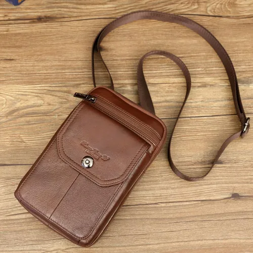Vista 7 de Riñonera de piel de vaca de capa superior para hombre, riñonera lateral, bolsa para teléfono inteligente, modelo 8-marrón