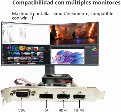 Vista 4 de QTHREE GeForce GT 730 - Tarjeta gráfica de perfil bajo de 4 GB, DDR3,64 bits, 2X HDMI, DP, VGA, tarjeta de video de factor de forma pequeño para PC