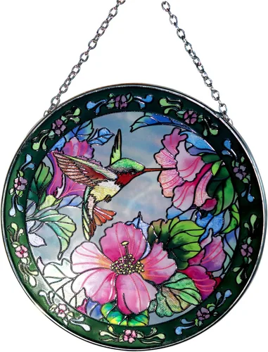 Panel redondo de vitral, atrapasoles para ventana de interior, adorno para decoración del hogar (colibrí, 6.3 x 6.3 pulgadas)