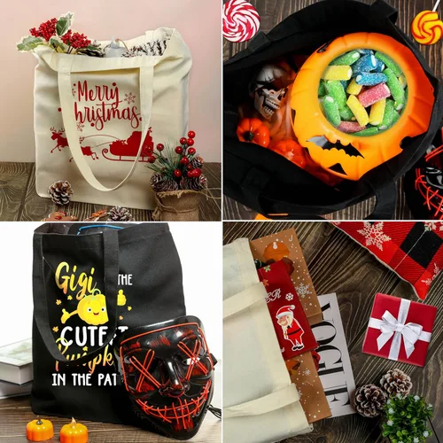 Vista 6 de Bolsas de lona, 2 bolsas de mano, multiusos, reutilizables, en blanco, para uso en bolsas de comestibles, bolsas de compras, bolsas de regalo