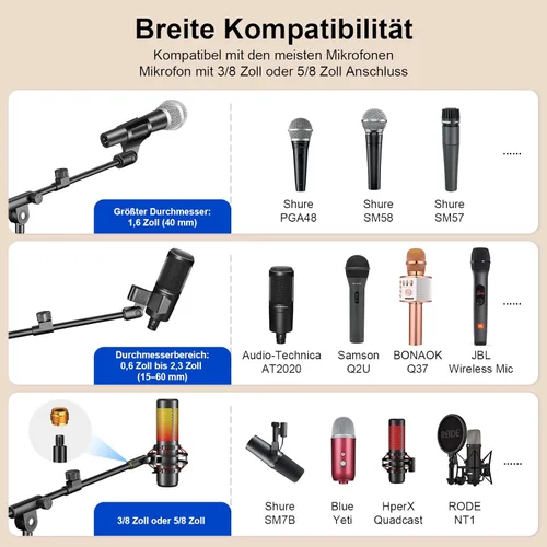 Vista 5 de Soporte de micrófono, brazo de boom trípode de altura ajustable de alta resistencia con bolsa de transporte, 2 clips de micrófono, adaptador de 3/8