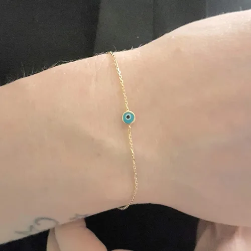 Vista 7 de Pulsera de oro amarillo sólido de 14 quilates para mujer Pulsera de protección nazar turca de la suerte buena suerte delicada azul marino