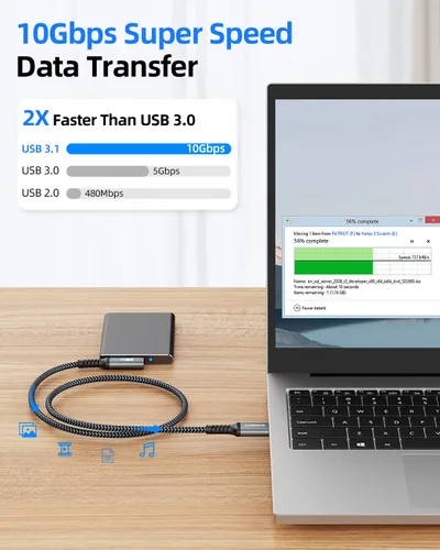 Vista 3 de Cable CarPlay 0.24 m, Cable de Transferencia de Datos de Alta Velocidad USB A a C 3.1 Gen 2 de 10 Gbps Ángulo Recto, Compatible con Android Auto