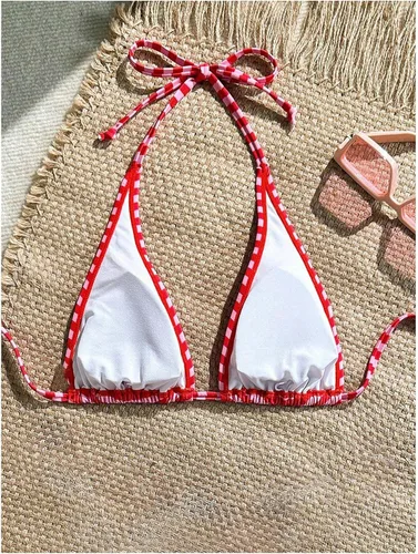 Vista 3 de Milumia - Top de bikini triangular con lunares para mujer, con tiras de cuello halter, traje de baño Varios