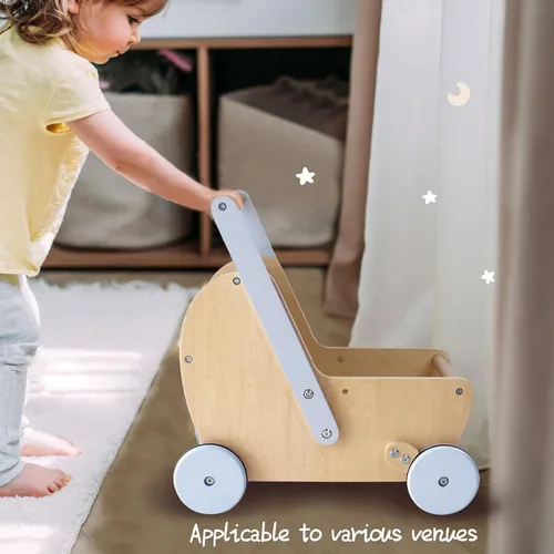 Vista 6 de Cochecito de madera para muñeca de bebé, cochecito de muñeca para empujar y jalar, cochecito de juguete de madera para niños pequeños y niñas de 18