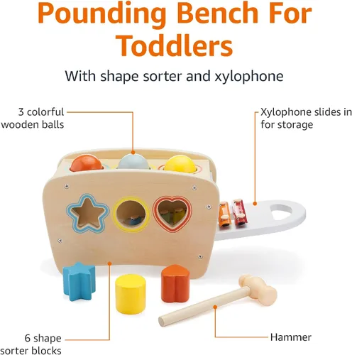 Vista 3 de Amazon Basics Banco musical con xilófono y clasificador de formas, juguete educativo para niños pequeños, juguete de aprendizaje de desarrollo, edad