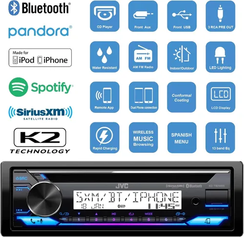 Vista 2 de In-Dash - Receptor USB / Aux con Bluetooth DIN único, 4 altavoces blancos de 6.5 pulgadas con LED RGB multicolor, amplificador de 4 canales con kit