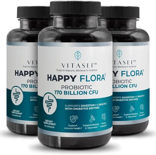 Vista 9 de VITASEI Happy Flora, Suplemento probiótico 170 mil millones de UFC para una salud intestinal saludable con enzimas para la digestión, probióticos