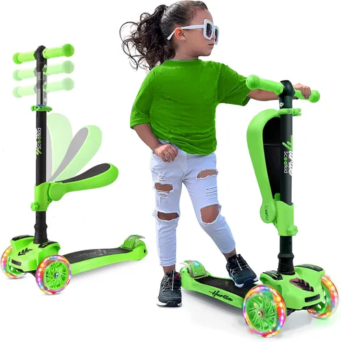 Vista 18 de Hurtle Patinete de 3 ruedas para niños, luces LED de ruedas, manubrio ajustable de inclinación para dirigir y asiento plegable, paseo sentado