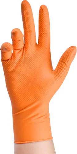 Vista 2 de TitanFlex Thor Grip - Guantes industriales de nitrilo naranja con textura de diamante elevado, 8 mil, sin látex, sin polvo