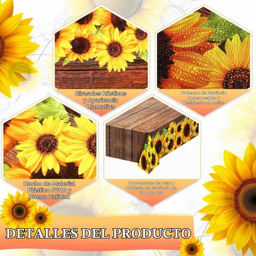 Vista 3 de Tegeme - Mantel de plástico con diseño de girasol, diseño rústico de grano de madera, 1 unidad