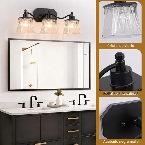 Vista 2 de Accesorios de iluminación de tocador de baño, luces de tocador vintage de 3 luces en negro mate con pantallas de vidrio de cristal, accesorios