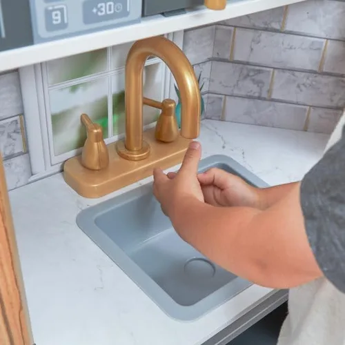 Vista 4 de KidKraft Cocina de juego de madera con luces y sonidos, teléfono y cortinas, natural, regalo para mayores de 3 años