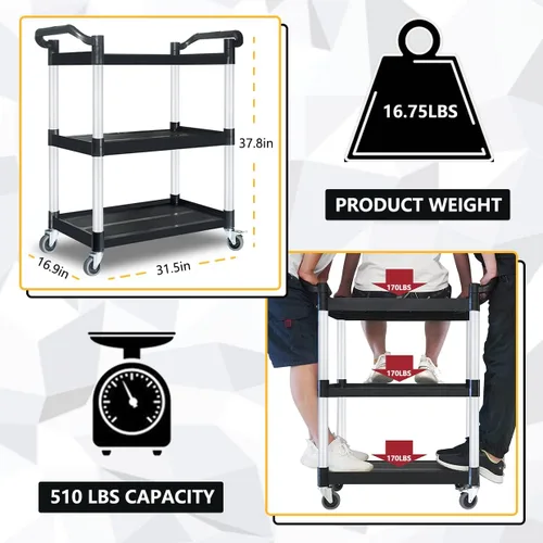 Vista 3 de Carritos utilitarios de plástico con ruedas, carrito de servicio rodante de alta resistencia con capacidad de 510 libras, carrito de comida