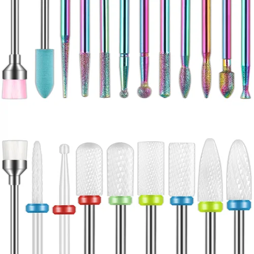 Depvko Juego de 21 brocas para lima de uñas eléctrica, kit de brocas de cerámica y gel acrílico de 3/32 pulgadas, herramientas de arte de uñas