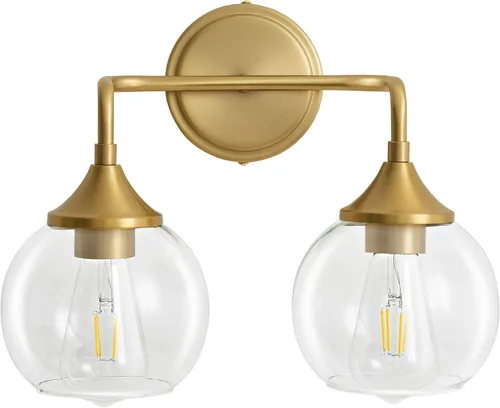 Vista 8 de Lámpara de Tocador de Baño Dorada con Pantalla de Vidrio Transparente, Base E26, Luminarias de Baño de 2 Luces Sobre Espejo, Luces de Tocador de 14