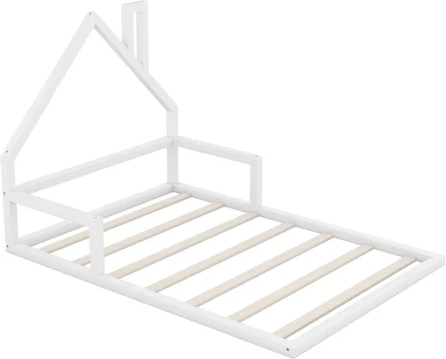 Vista 28 de P PURLOVE Base de cama de tamaño matrimonial con cabecera en forma de casa, plataforma de madera para casa, cama de tamaño matrimonial con soporte