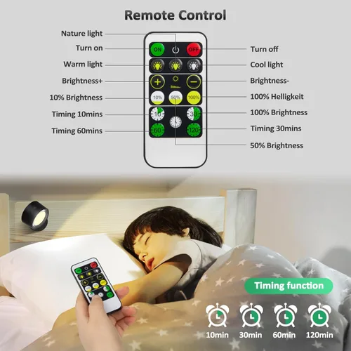 Vista 4 de Lightbiz Luces LED de pared con control remoto, apliques montados en la pared, 3000 mAh, recargable, funciona con batería, 3 temperaturas