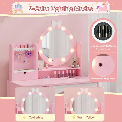 Vista 6 de MU Kids Juego de mesa y silla para tocador – Juego de tocador para niñas princesas con espejo, luces, almacenamiento para joyas y taburete Rosa