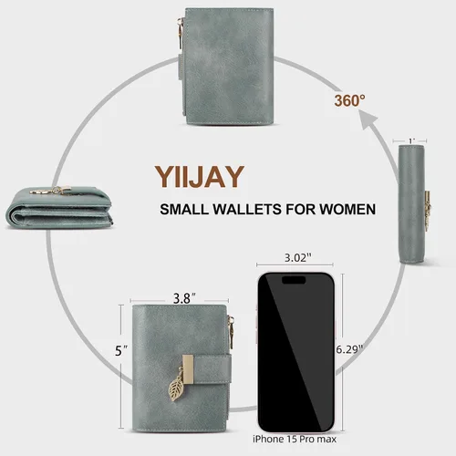 Vista 4 de yiijay Billetera pequeña para mujer, con bloqueo RFID, de piel, plegable, tarjetero para tarjetas de crédito para mujeres, cartera compacta