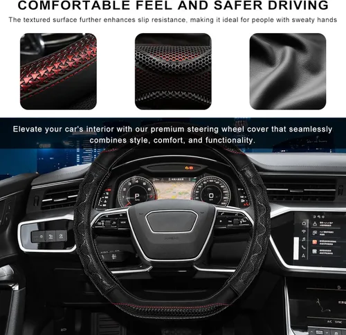 Vista 4 de Funda para volante de automóvil, protector de volante de cuero con agarre cómodo de 15 pulgadas con panal 3D, funda envolvente antideslizante