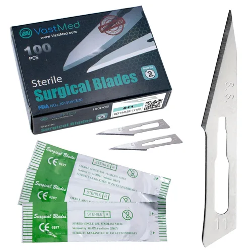 100 cuchillas quirúrgicas estériles de acero inoxidable de grado dental #11 | Hoja quirúrgica Dermablade de acero inoxidable envuelta individualmente