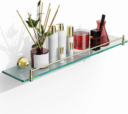Vista 19 de Estantes de baño de vidrio, estantes flotantes dorados cepillados para pared, rectangular, moderno, estante de vidrio de acero inoxidable