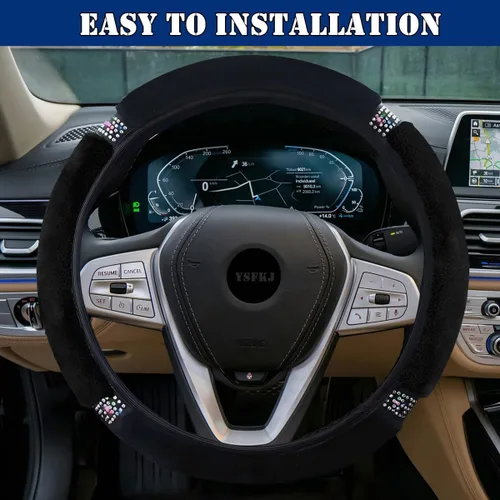 Vista 6 de Funda de volante esponjosa, protector de volante de coche universal de 15 pulgadas con diamantes de imitación de cristal coloridos, protector