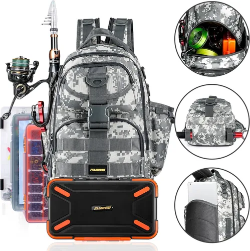 Vista 3 de PLUSINNO - Mochila de pesca con combos de caña de pescar y carrete, cajas de aparejos, mochila de aparejos impermeable para equipo de pesca