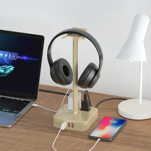 Vista 3 de cozoo Soporte para auriculares con 3 cargadores USB, soporte para auriculares de escritorio para juegos con 3 puertos de carga USB y 2 salidas