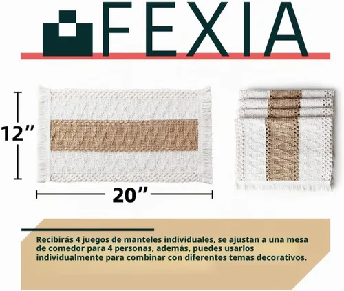Vista 3 de FEXIA Juego de 6 manteles individuales bohemios, decoración de mesa de macramé y manteles individuales estilo casa de campo de arpillera de algodón