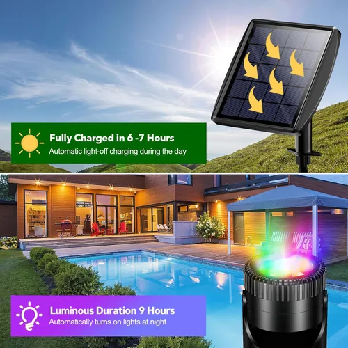 Vista 6 de Luces de Estanque Solares, Luces de Estanque RGB LED Impermeables IP68, Luz Solar Subacuática con Batería de 2200mAh con Dos Opciones de Modo