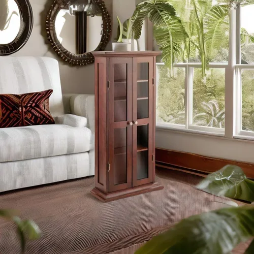 Vista 2 de Ergode Armario de almacenamiento alto de nogal con puertas de vidrio Estantes ajustables Soporte compacto y vitrina para DVD, CD, libros