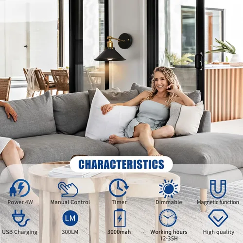 Vista 3 de Bailoch Apliques de Pared Negro & Oro Vintage Recargables con Batería Operados por Control Remoto, Juego de 2 Luces de Pared LED Inalámbricas