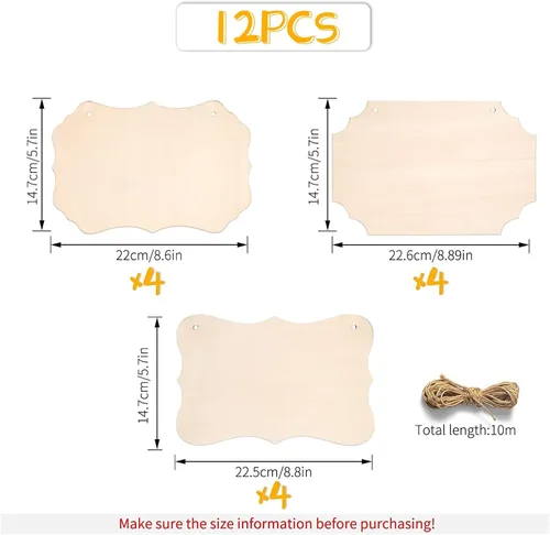 Vista 2 de 12 piezas de manualidades de madera sin terminar, placas de madera con forma rectangular para carritos, colgador de puerta, quema, pintura