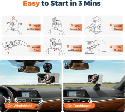Vista 5 de Cámara inalámbrica para automóvil de bebé con HD 1080P IPS de 5 pulgadas, monitor de asiento trasero giratorio de 360° alimentado por USB