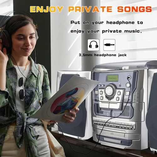 Vista 4 de Reproductor de Discos de Vinilo Estéreo Bluetooth, Sistema de Música Tocadiscos Estéreo de 3 Velocidades con Reproductor de CD, Platina de Cassette