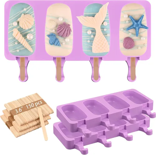 Vista 17 de Sakolla - Juego de moldes de silicona para paletas de hielo, 4 cavidades, moldes para helado ovalados con 50 palos de madera