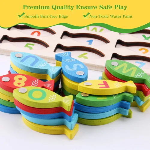 Vista 5 de Slotic Juego de pesca de madera magnético para niños pequeños – Alfabeto ABC Fish Catching Counting Aprendizaje Educación Matemáticas Preescolar